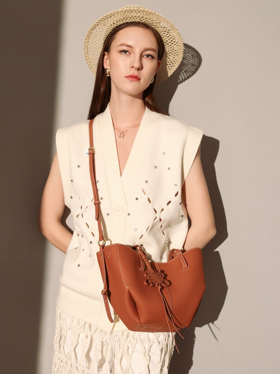 Valencia Knot Leather Tote Bag – Pebbled Leather Shoulder Tote with Sculptural Bow Detail