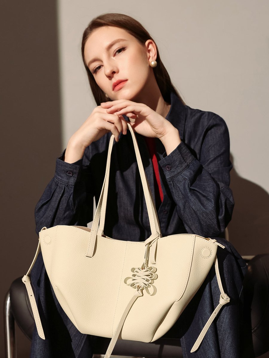 Valencia Knot Leather Tote Bag – Pebbled Leather Shoulder Tote with Sculptural Bow Detail