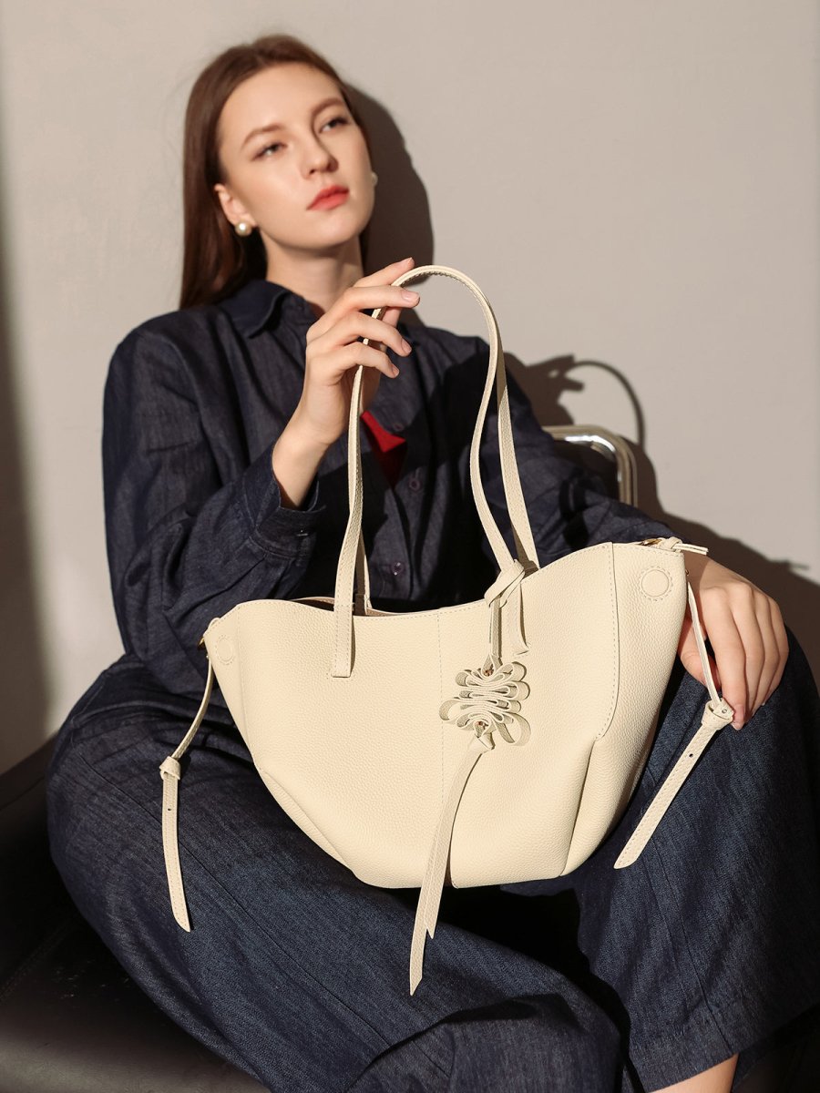 Valencia Knot Leather Tote Bag – Pebbled Leather Shoulder Tote with Sculptural Bow Detail