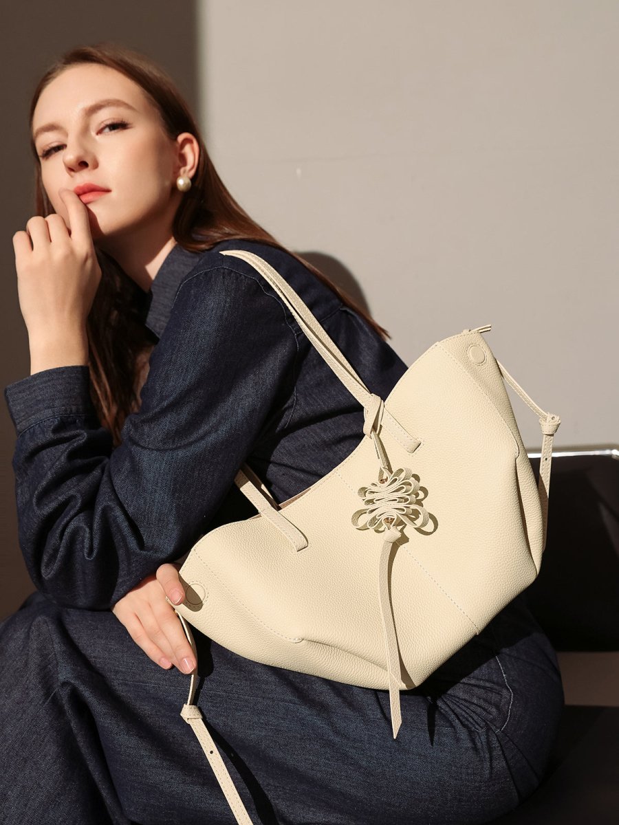 Valencia Knot Leather Tote Bag – Pebbled Leather Shoulder Tote with Sculptural Bow Detail