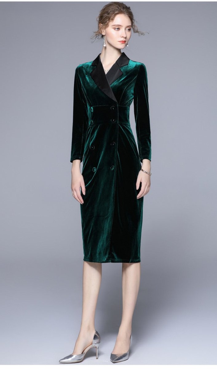 velvet green slim fit midi pencil dress all green 3