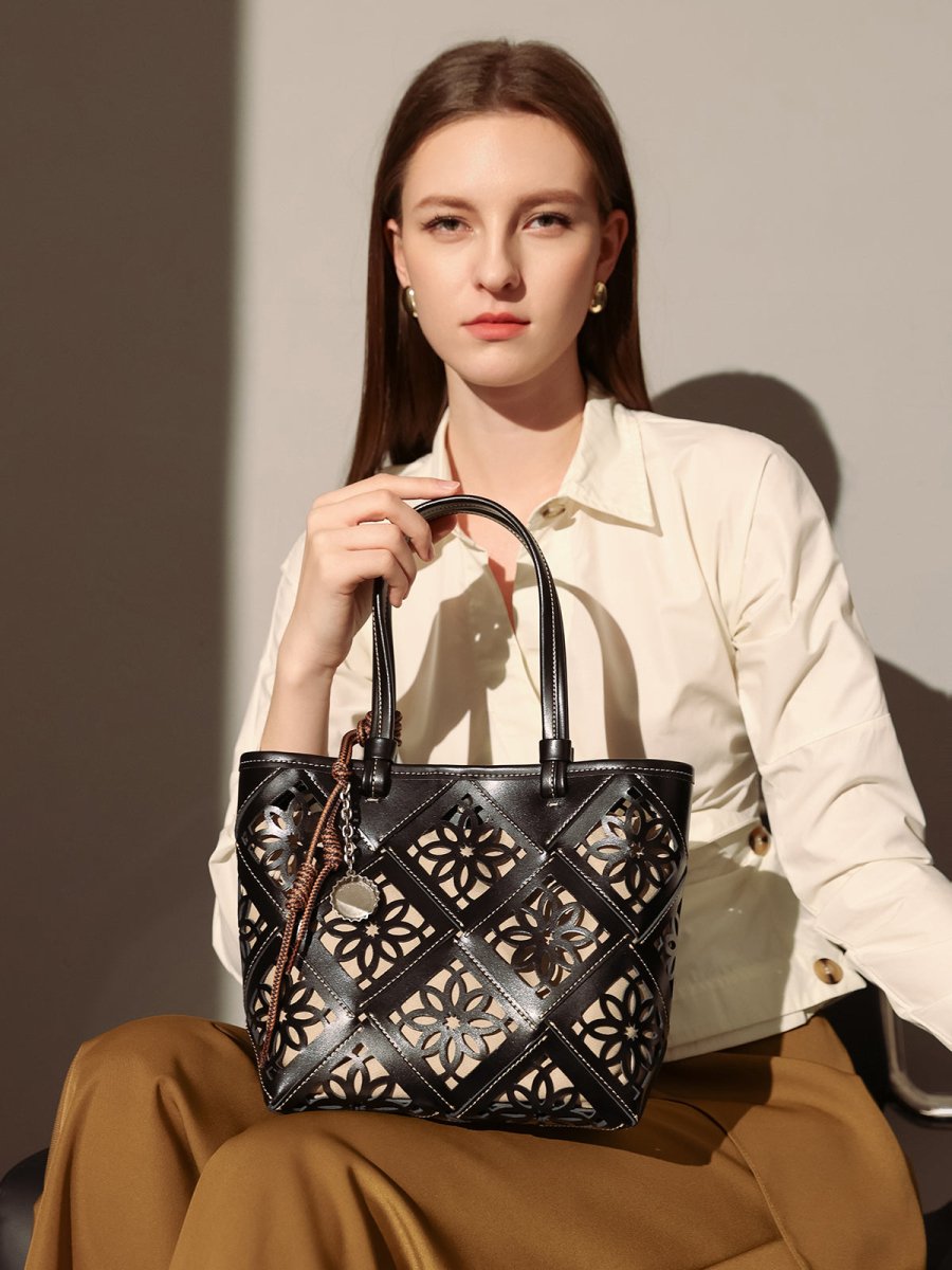 Venetia Floral Cutout Leather Tote Bag – Handcrafted Lattice Leather Carryall with Inner Pouch