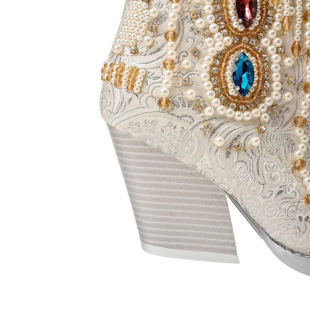 Venetian Gem and Pearl Encrusted White Cowgirl Boots - 0cm