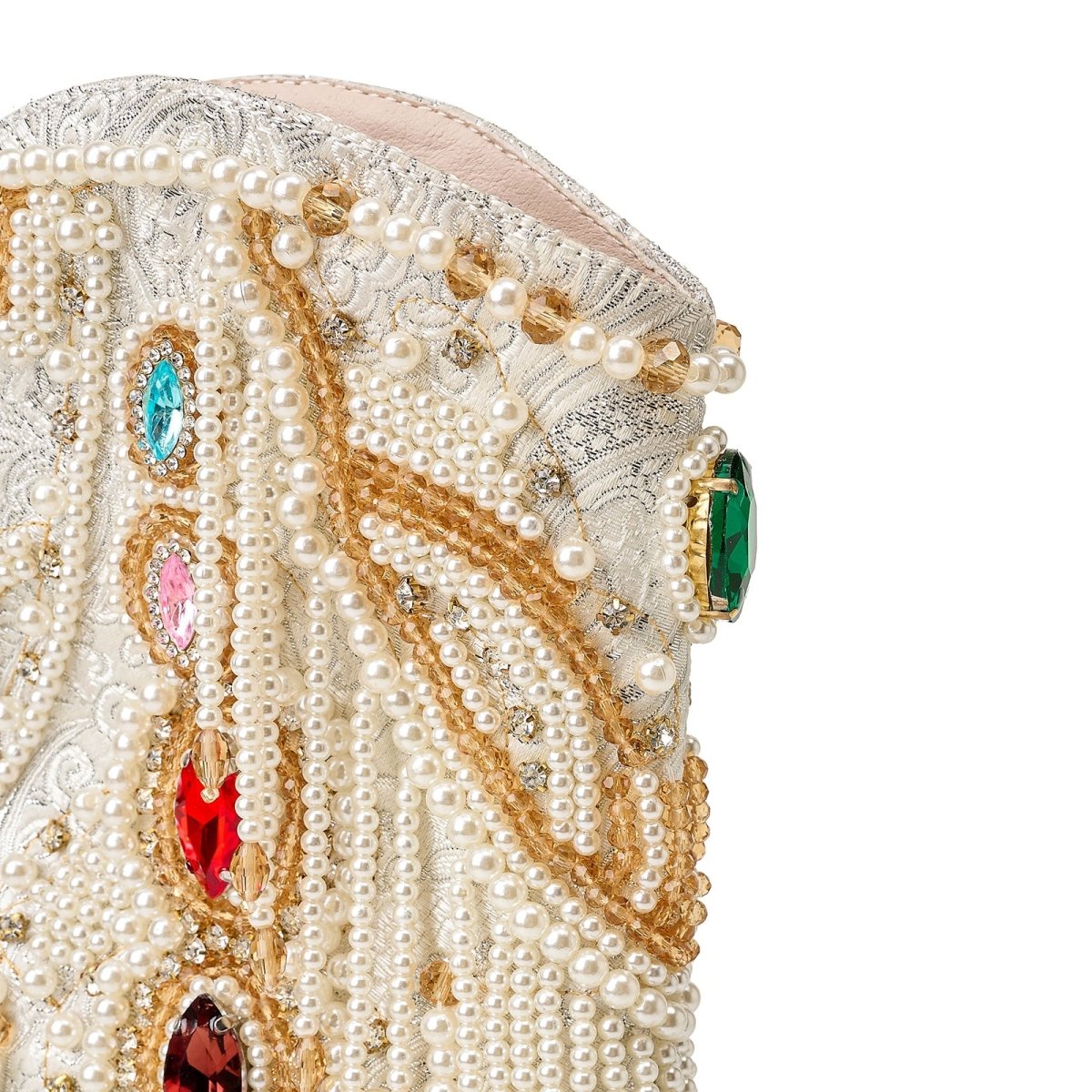 Venetian Gem and Pearl Encrusted White Cowgirl Boots - 0cm