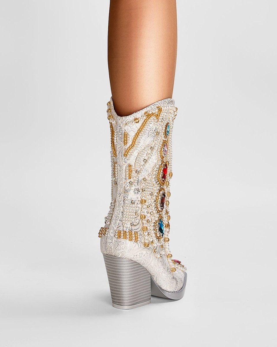 Venetian Gem and Pearl Encrusted White Cowgirl Boots - 0cm