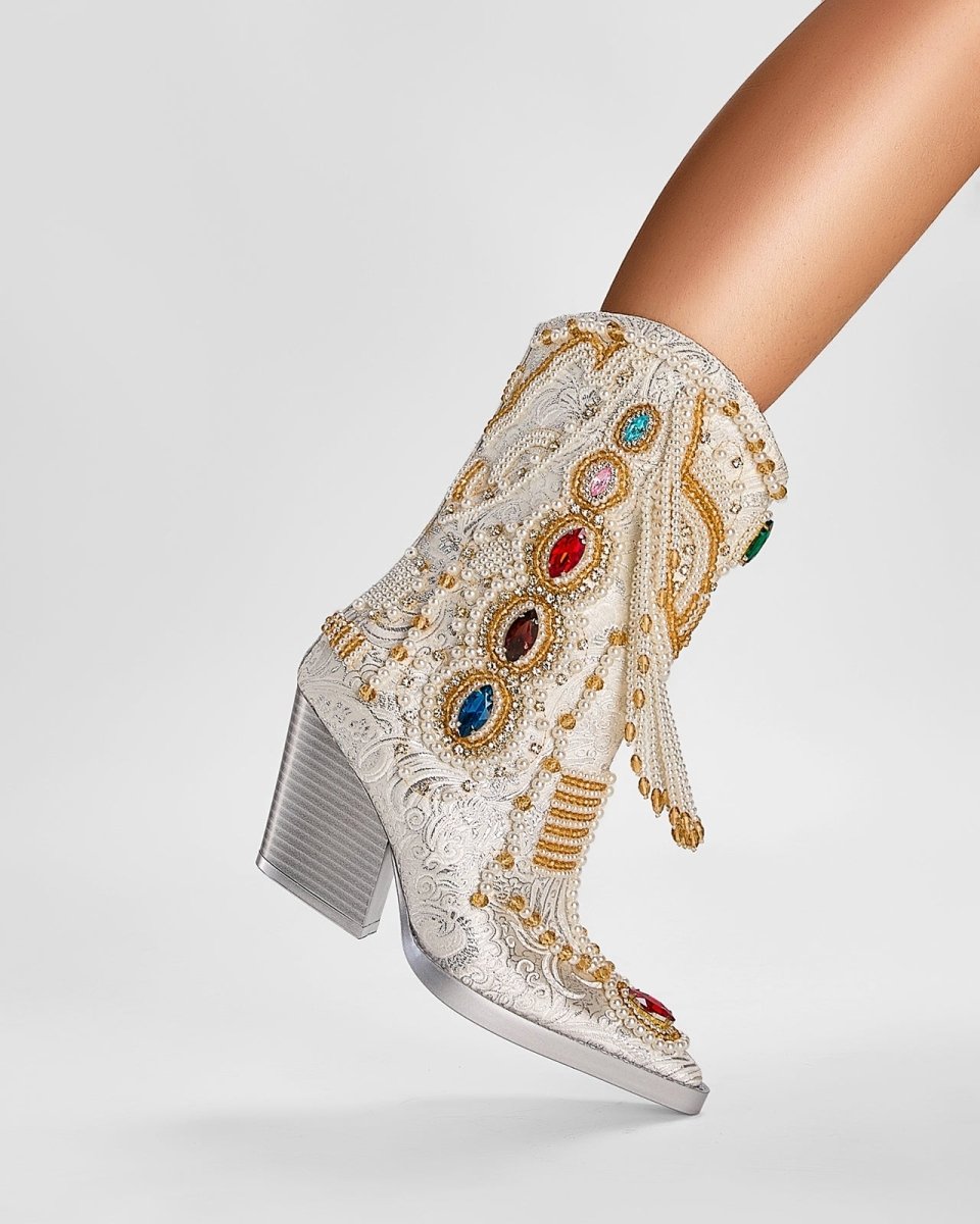 Venetian Gem and Pearl Encrusted White Cowgirl Boots - 0cm