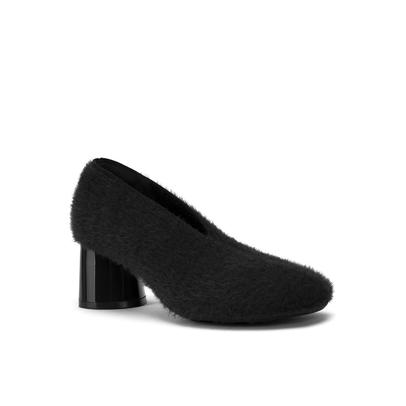 versatile round toe block heel fuzzy pumps all black 2