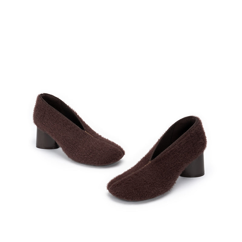 versatile round toe block heel fuzzy pumps all chocolate 3
