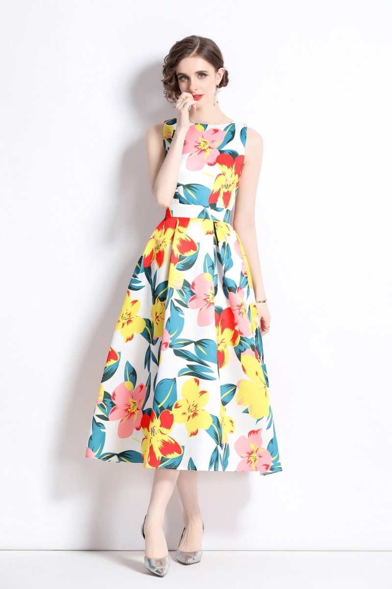 vibrant abstract fitted waist a line dress all white 1