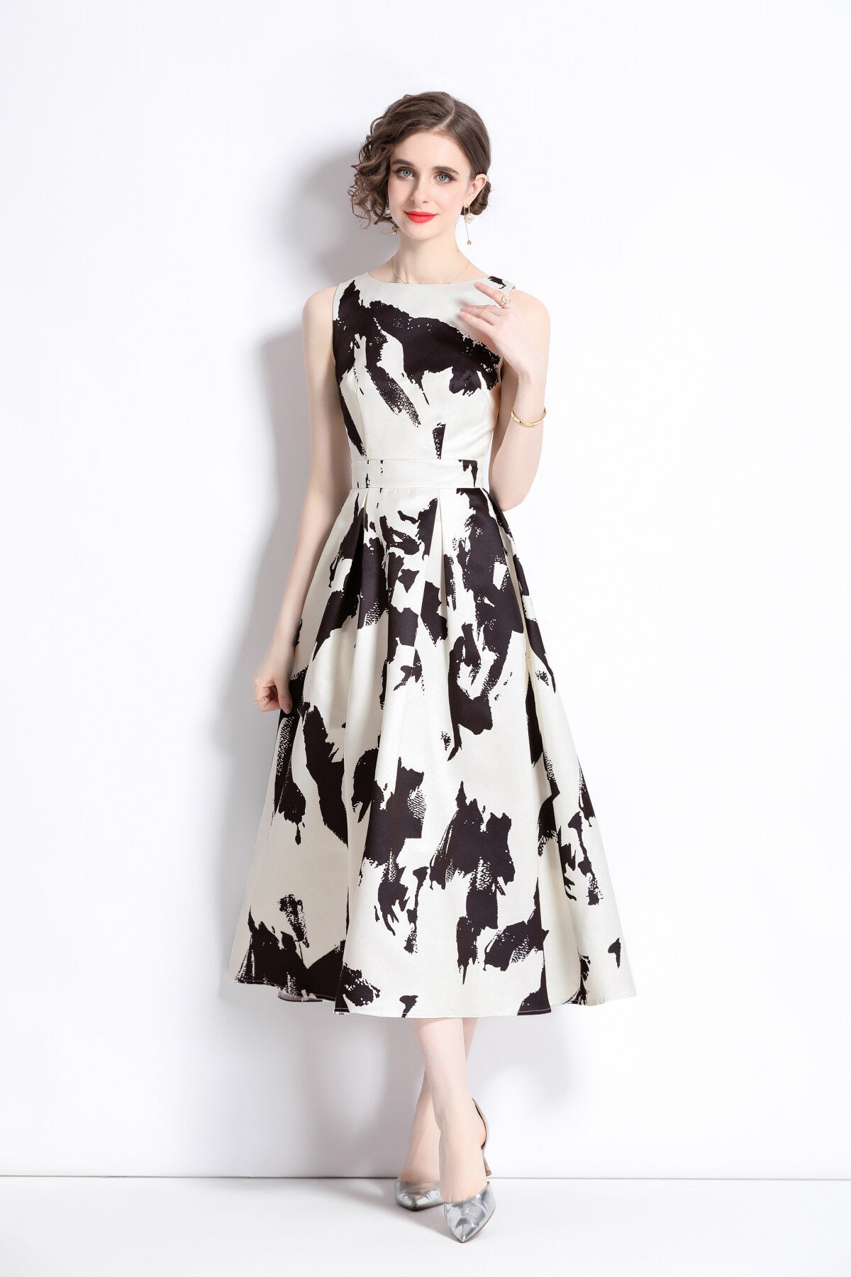 vibrant abstract fitted waist a line dress all black 1