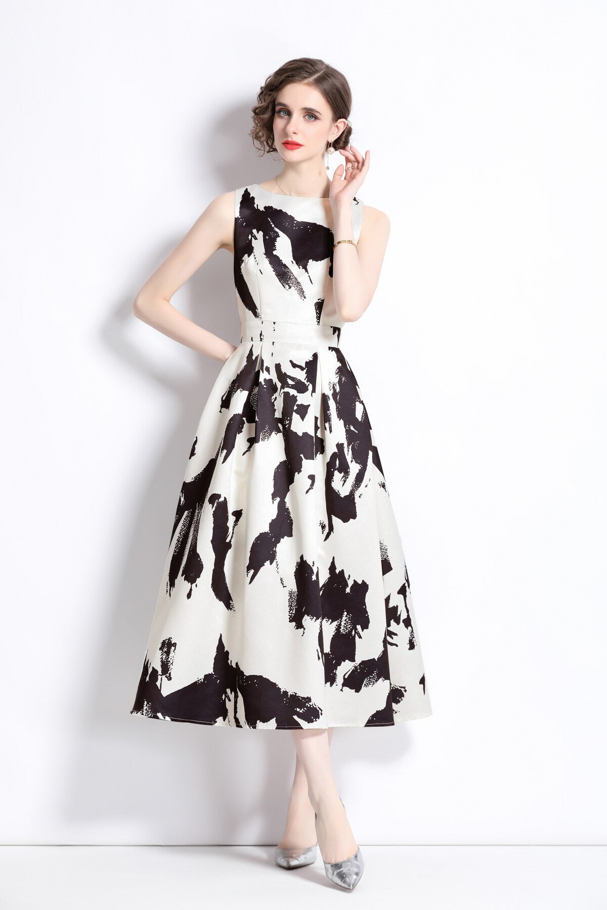 vibrant abstract fitted waist a line dress all black 2