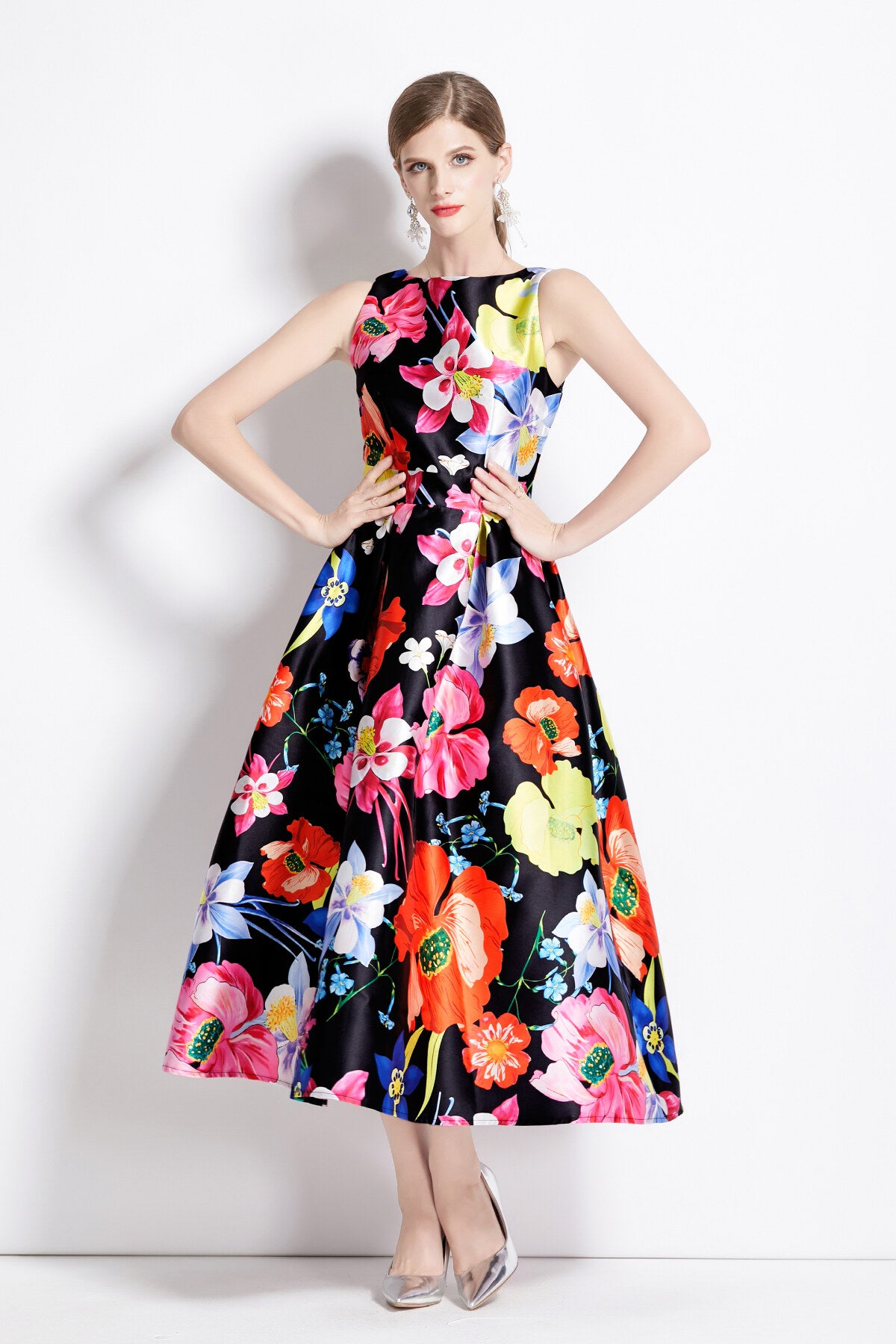 vibrant abstract fitted waist a line dress all floral 1