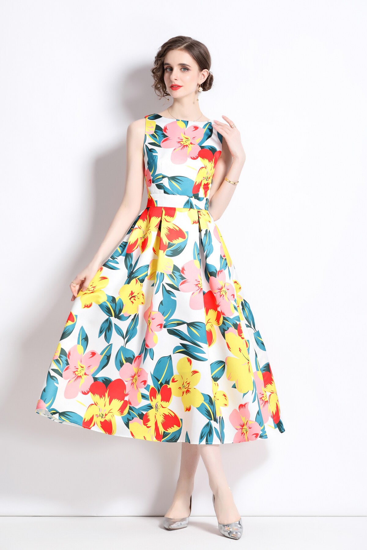 vibrant abstract fitted waist a line dress all white 2