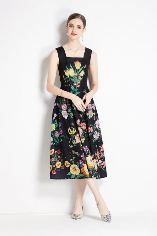 Vintage Black Floral High Waisted Spaghetti Strap Dress - 0cm