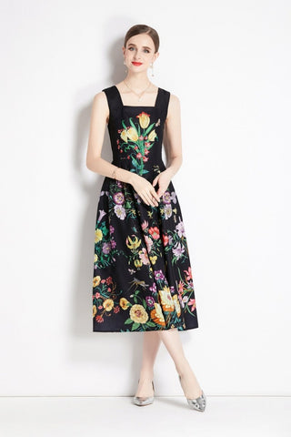 Vintage Black Floral High Waisted Spaghetti Strap Dress