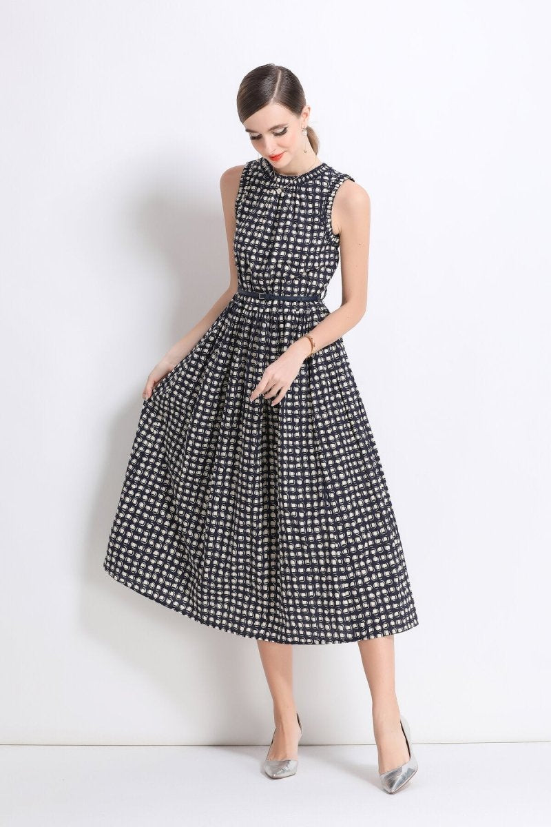 Vintage Checkered Sleeveless Midi Dress with Belt