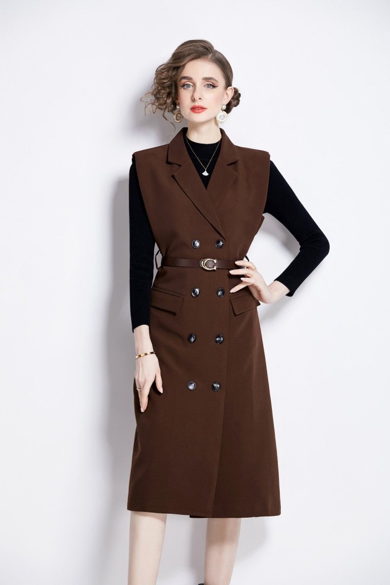 vintage double breasted blazer dress with knitted undershirt all brown 2