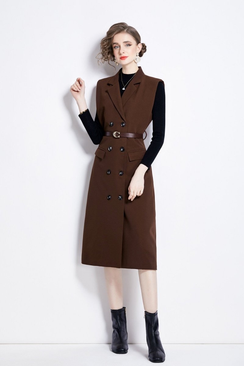 vintage double breasted blazer dress with knitted undershirt all brown 1