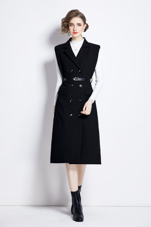 vintage double breasted blazer dress with knitted undershirt all black 1