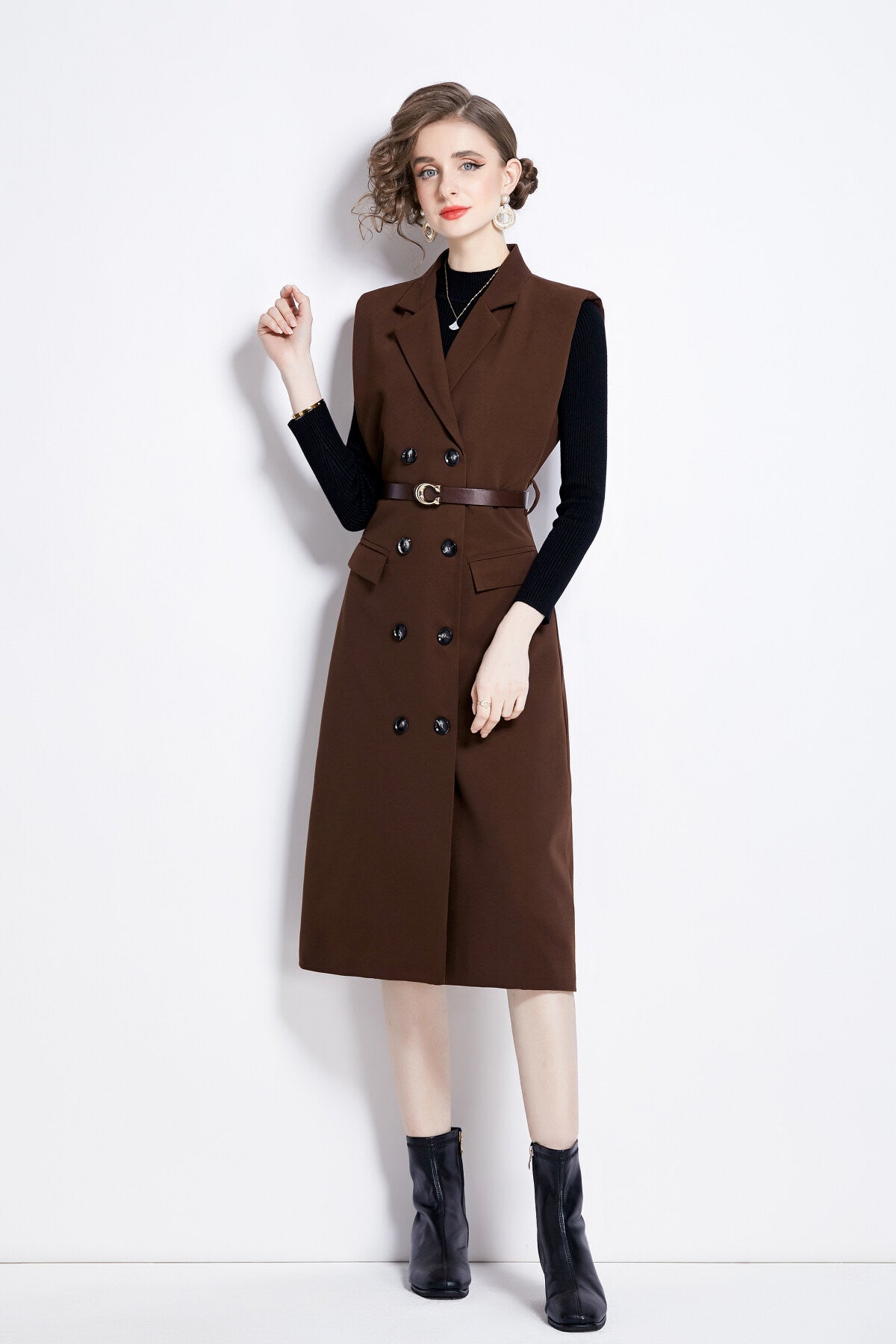 vintage double breasted blazer dress with knitted undershirt all brown 1