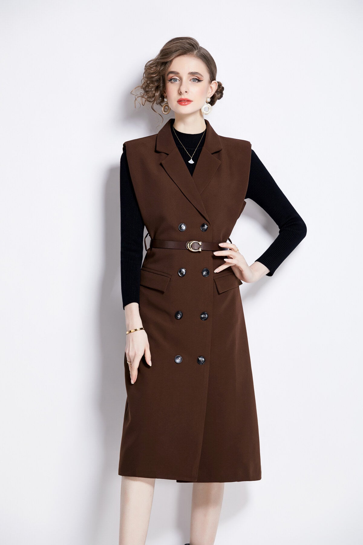 vintage double breasted blazer dress with knitted undershirt all brown 2