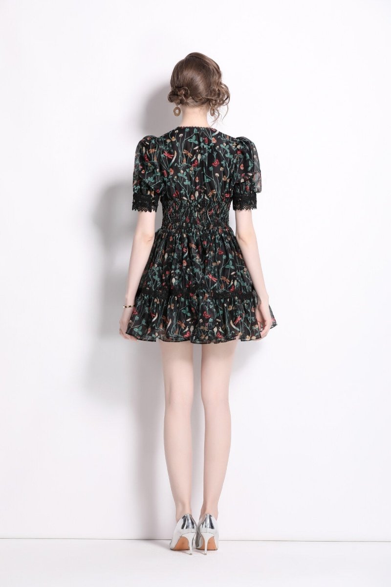 vintage floral black v neck puff sleeve tea dress all black 4.JPG