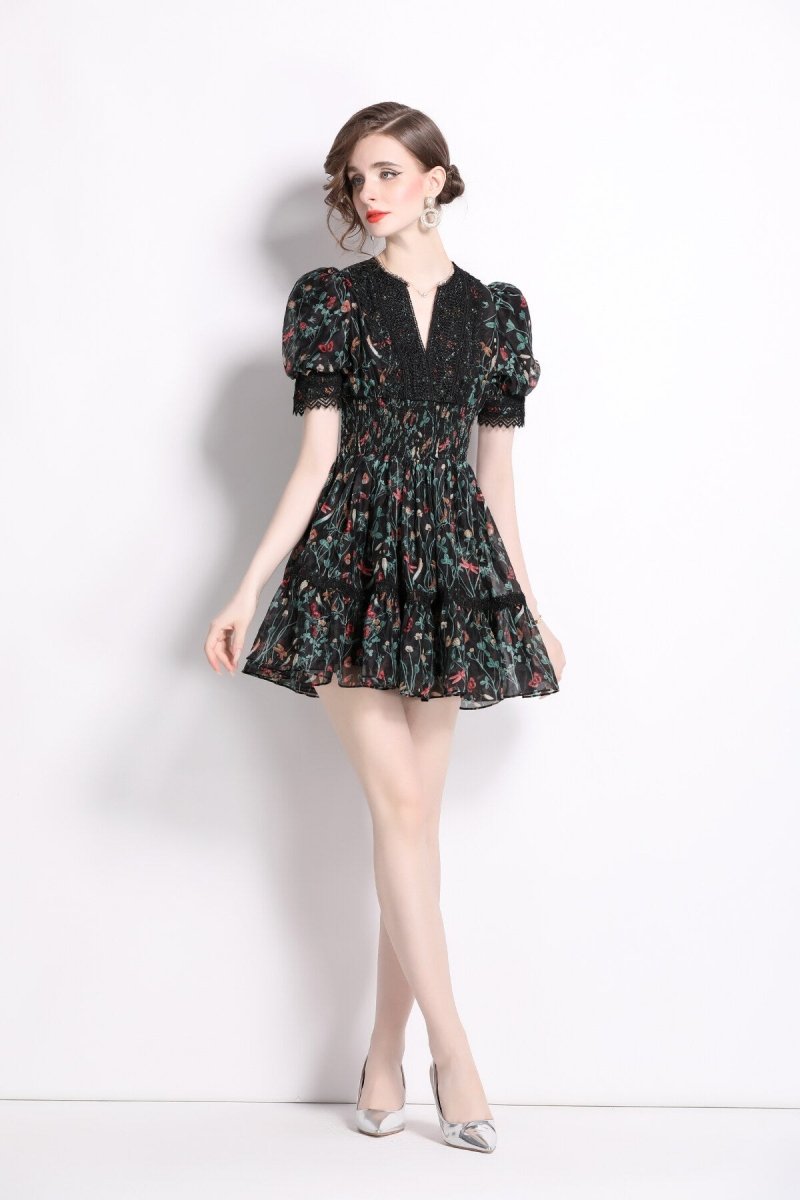 vintage floral black v neck puff sleeve tea dress all black 3.JPG