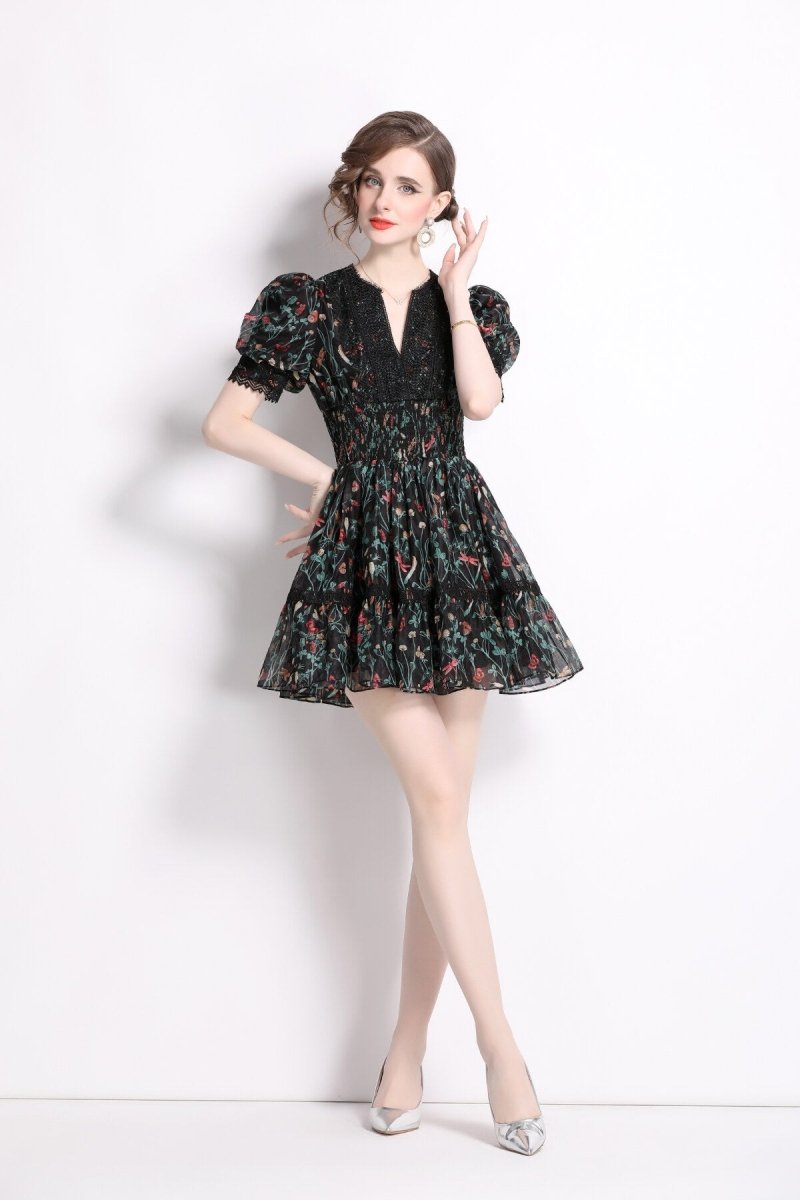 vintage floral black v neck puff sleeve tea dress all black 1.JPG