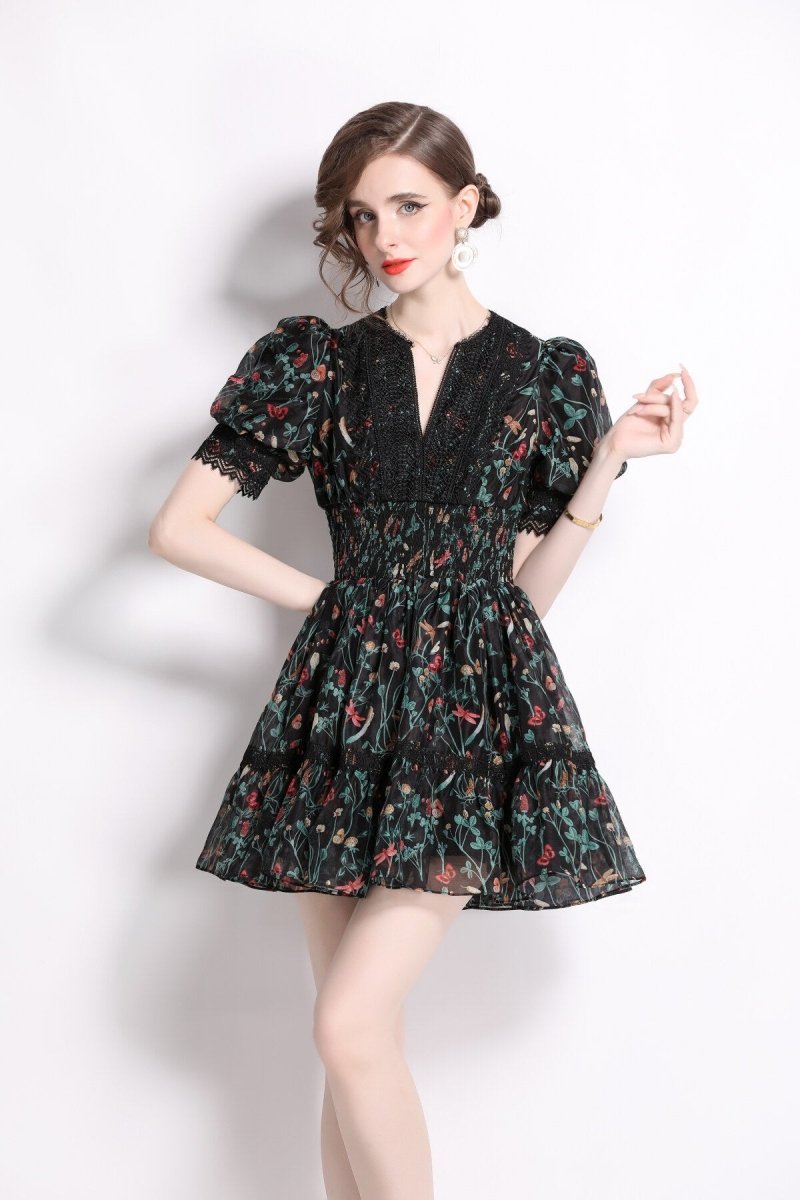 vintage floral black v neck puff sleeve tea dress all black 2.JPG