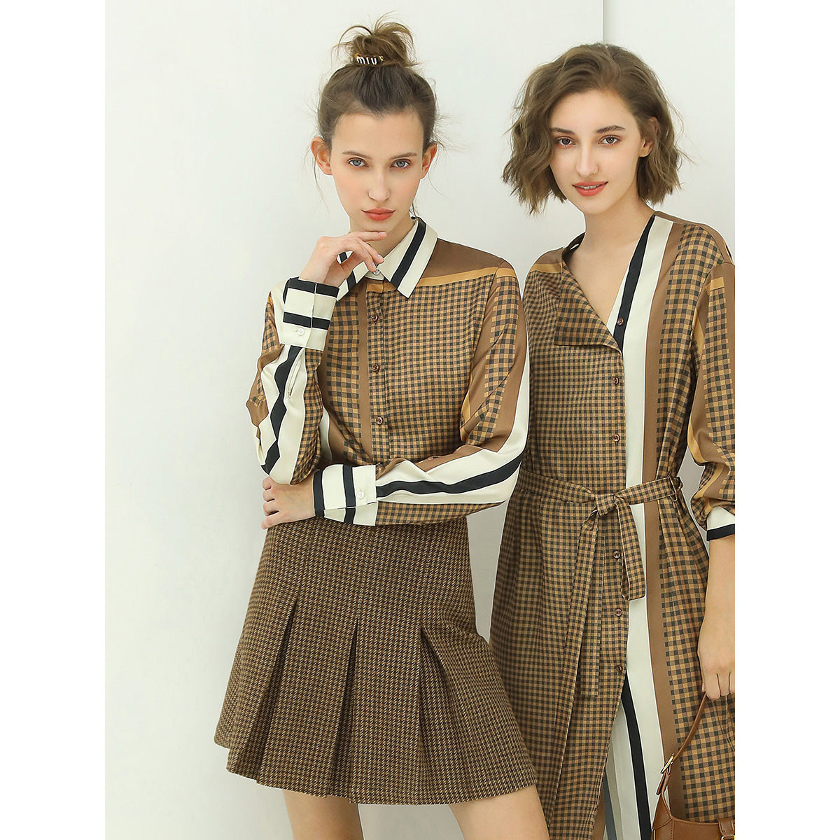 vintage grid button up brown satin shirt all brown 1