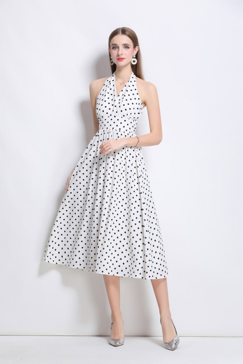 vintage halter polka dot sleeveless fitted maxi dress all white 1