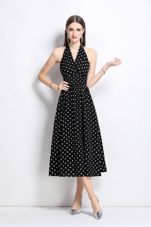Vintage Halter Polka Dot Sleeveless Fitted Maxi Dress