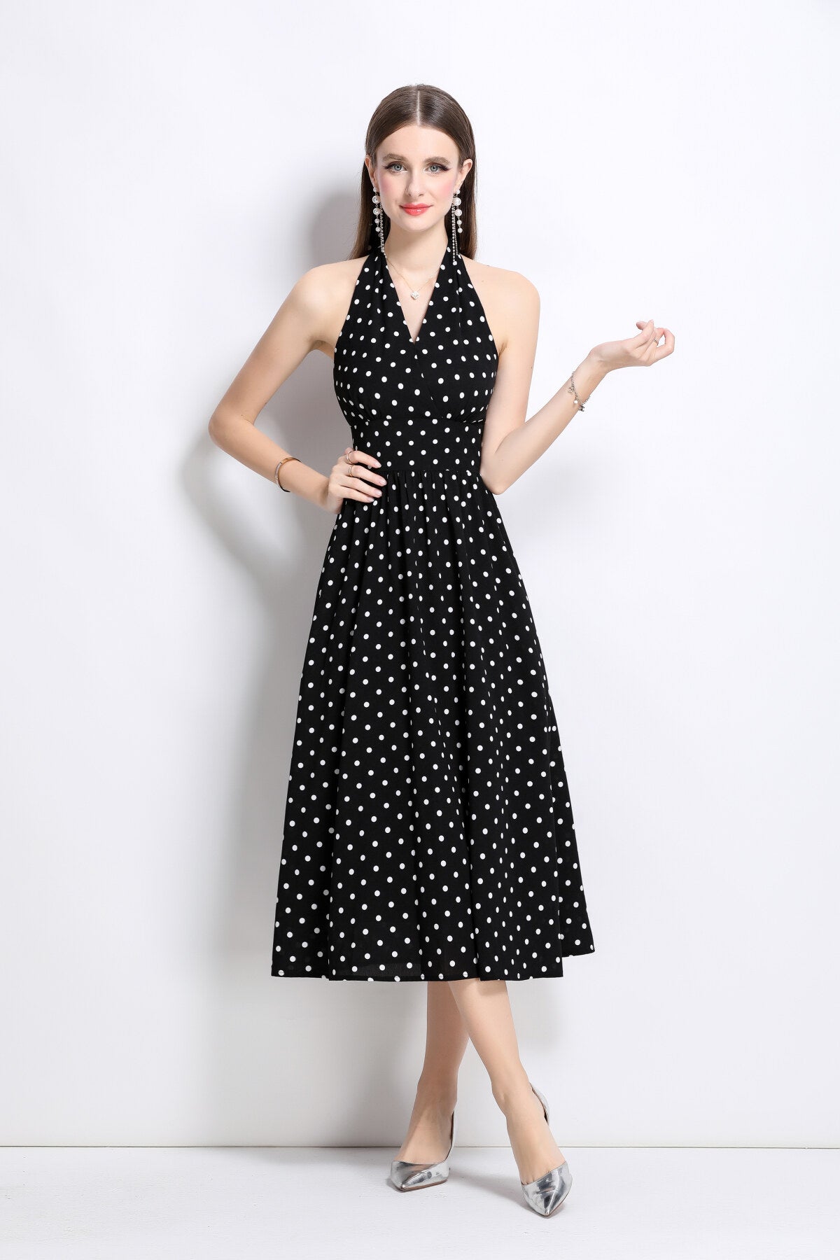 vintage halter polka dot sleeveless fitted maxi dress all black 1
