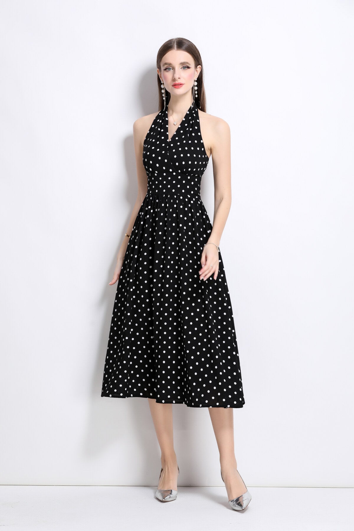 vintage halter polka dot sleeveless fitted maxi dress all black 2