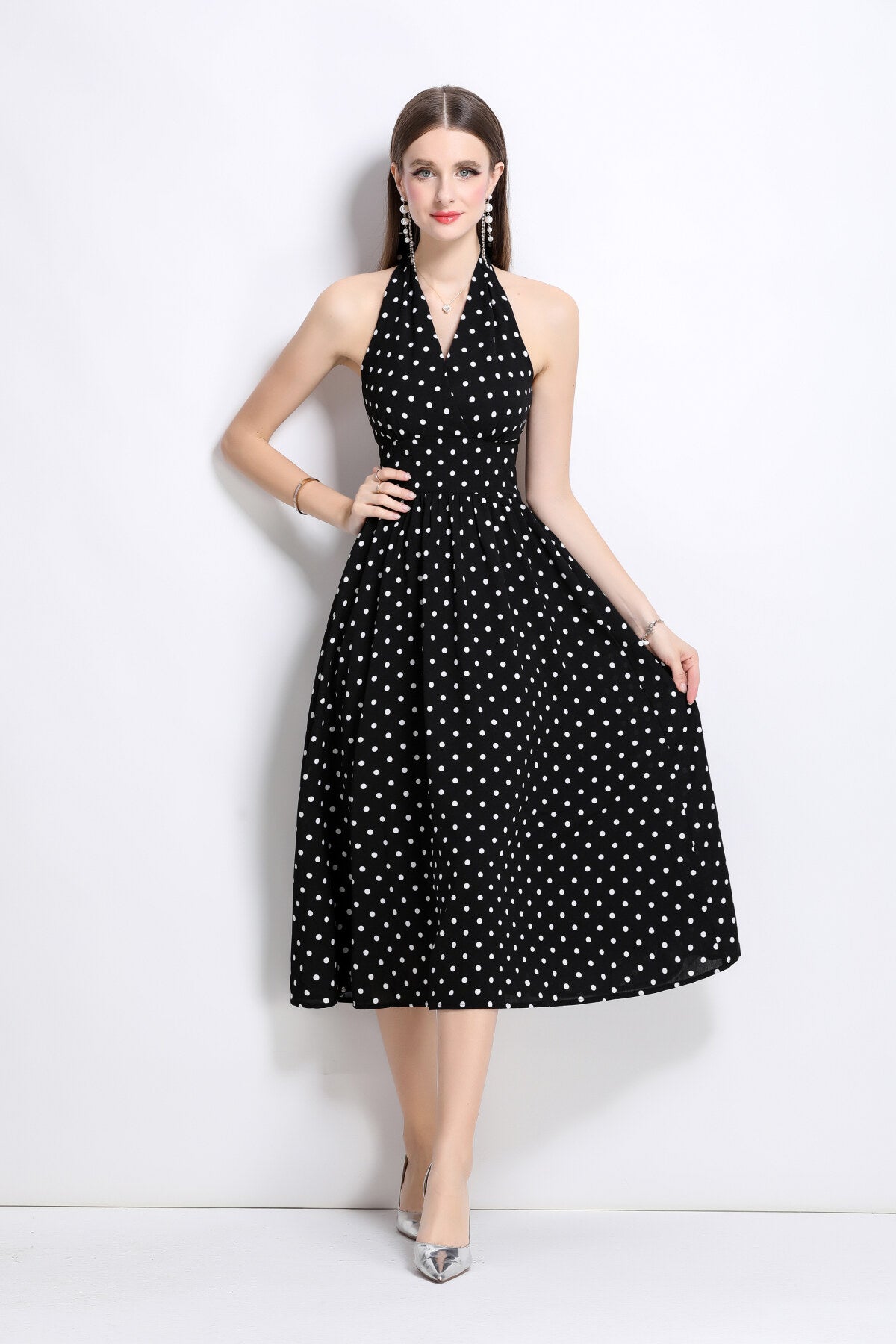 vintage halter polka dot sleeveless fitted maxi dress all black 3