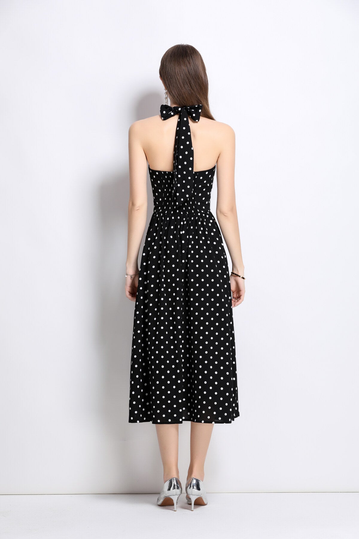 vintage halter polka dot sleeveless fitted maxi dress all black 4