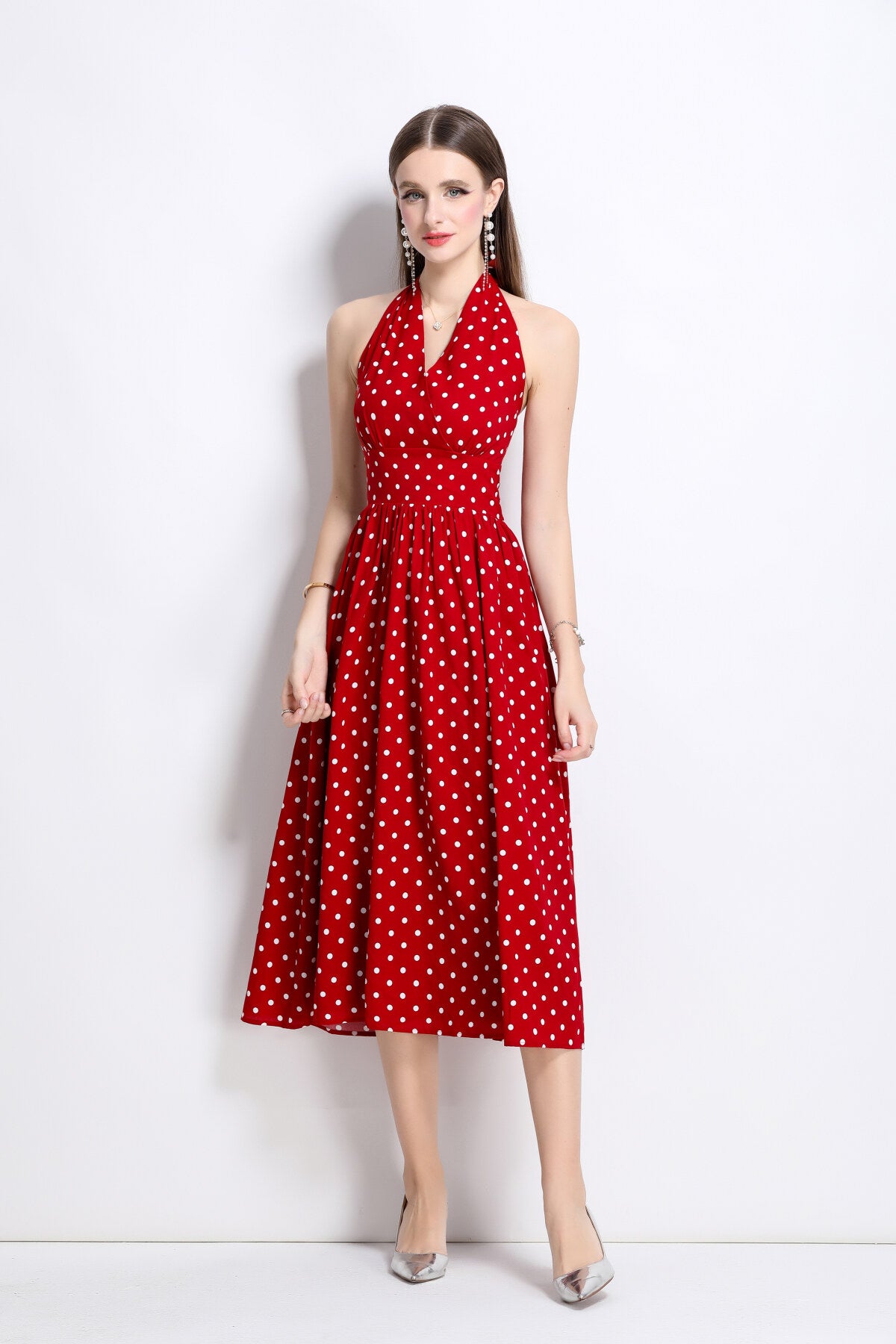 vintage halter polka dot sleeveless fitted maxi dress all red 1