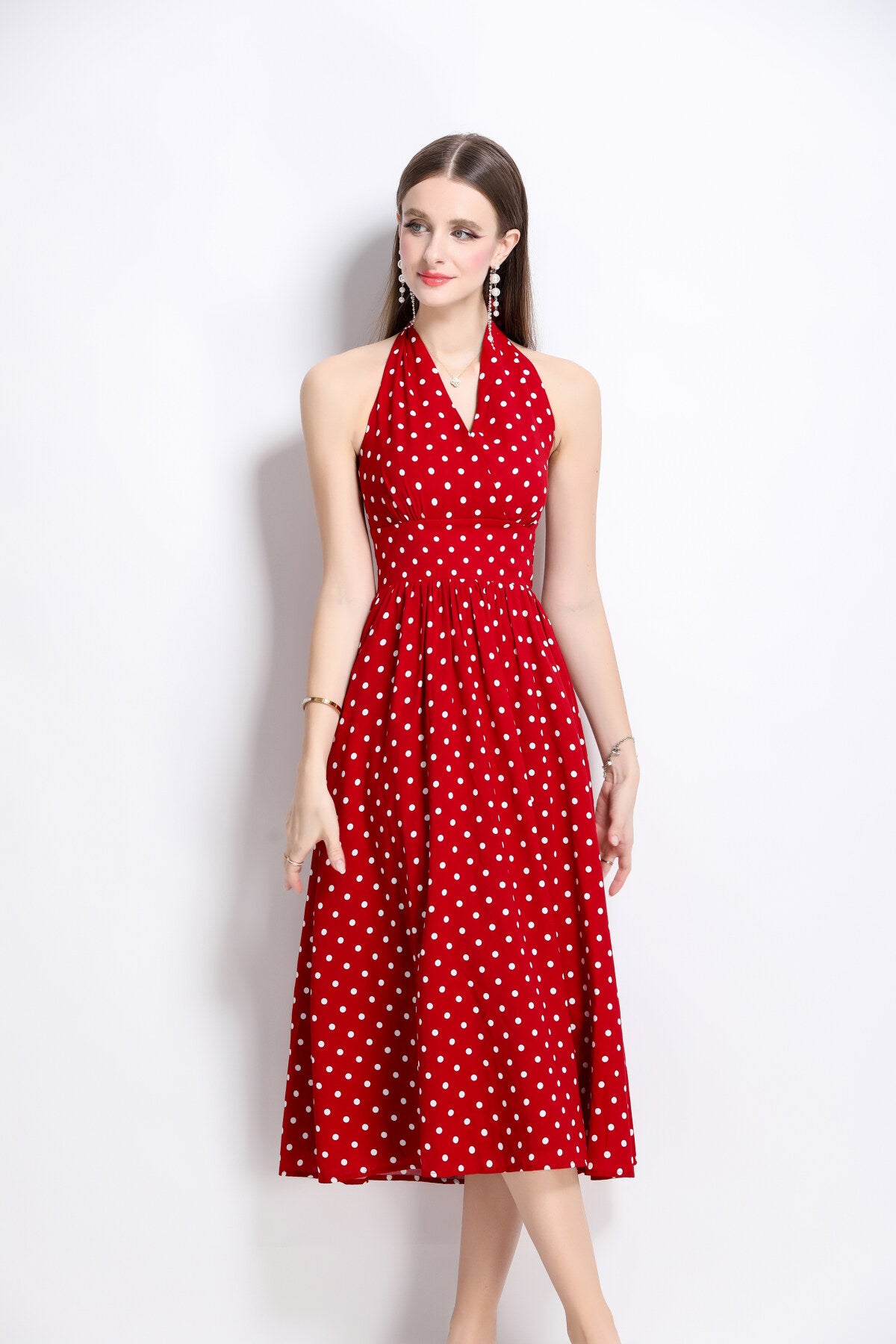 vintage halter polka dot sleeveless fitted maxi dress all red 2