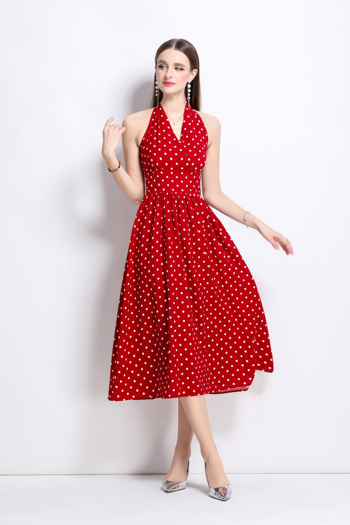 vintage halter polka dot sleeveless fitted maxi dress all red 3