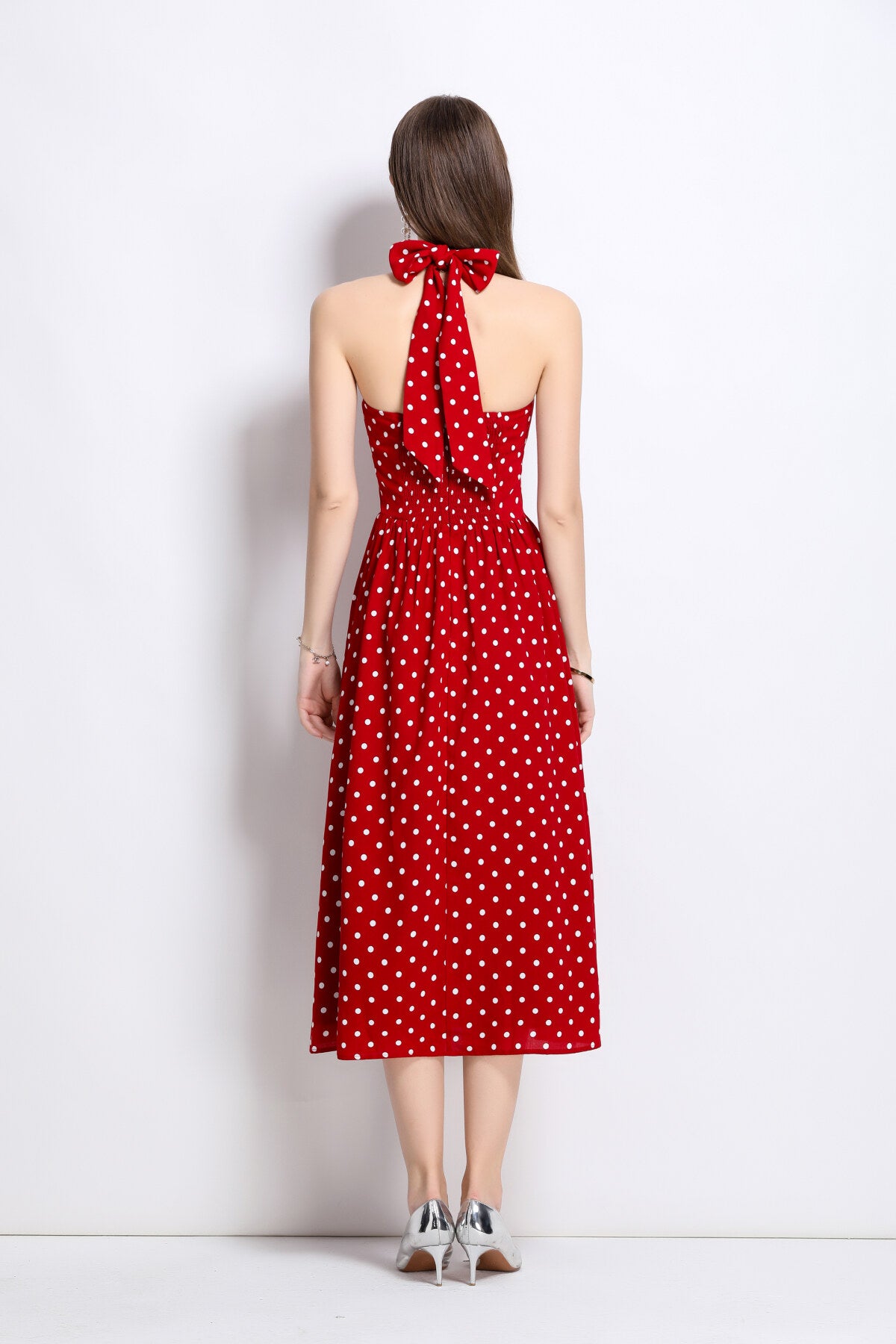 vintage halter polka dot sleeveless fitted maxi dress all red 4