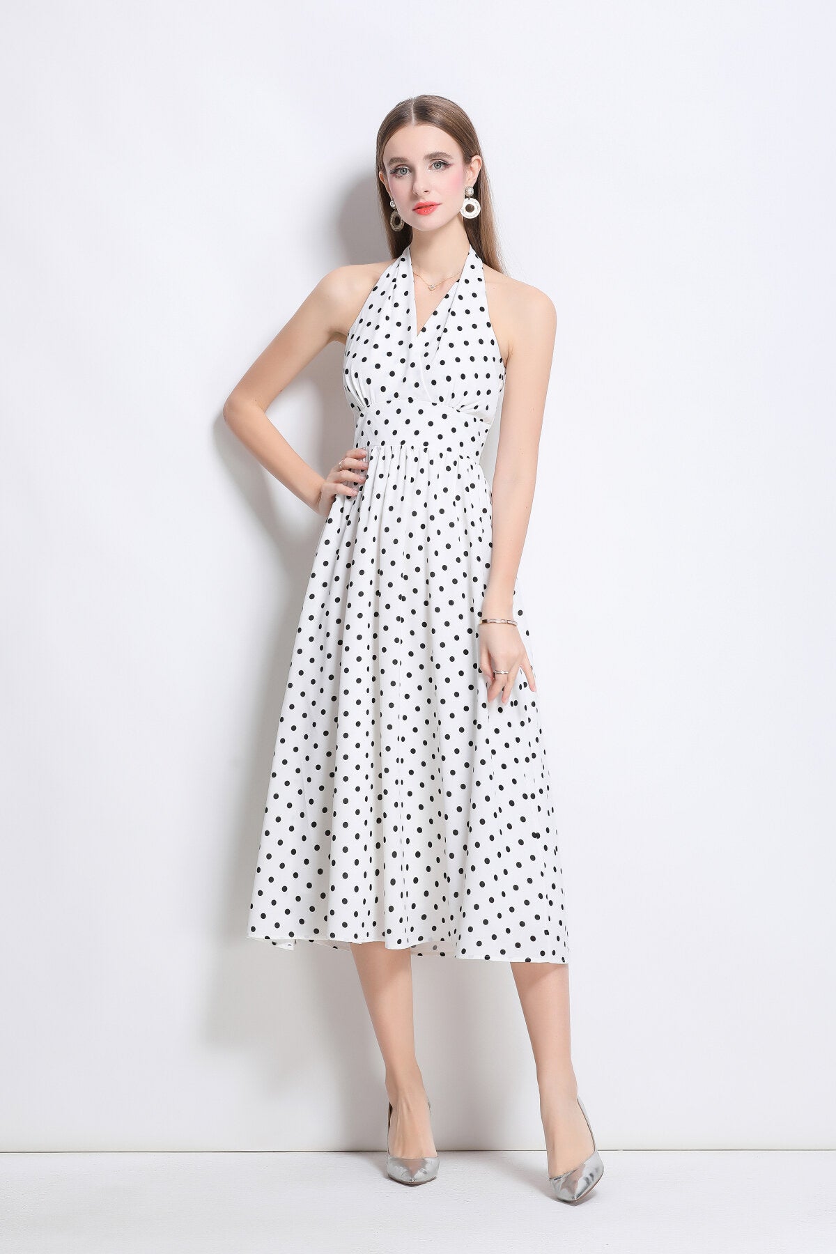 vintage halter polka dot sleeveless fitted maxi dress all white 2