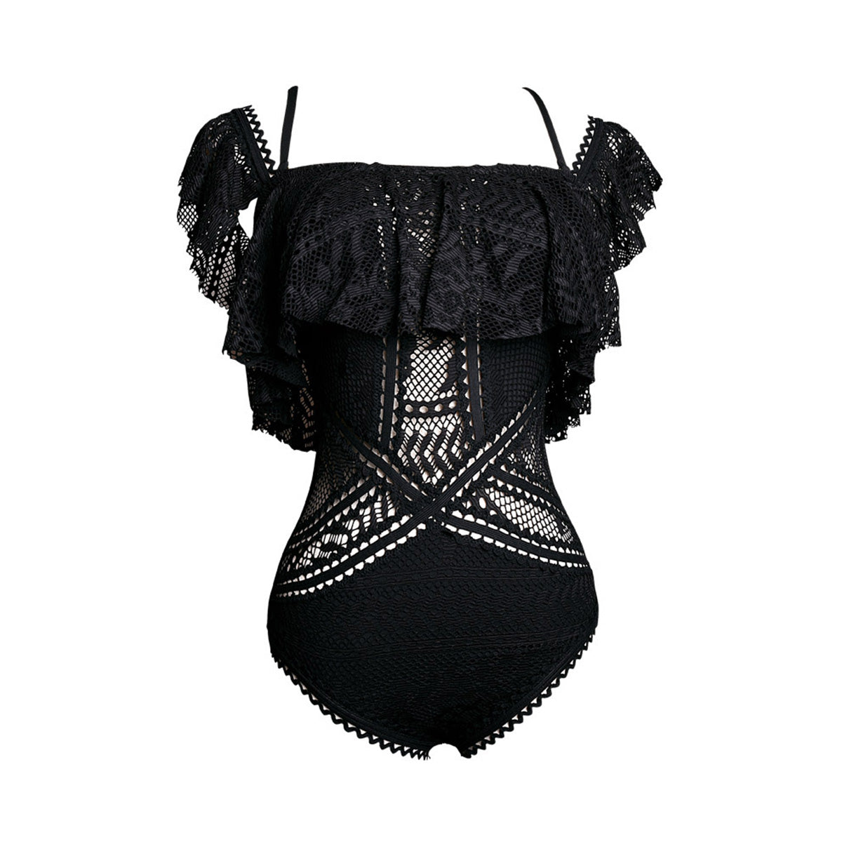 vintage lace bardot swimsuit all black 4