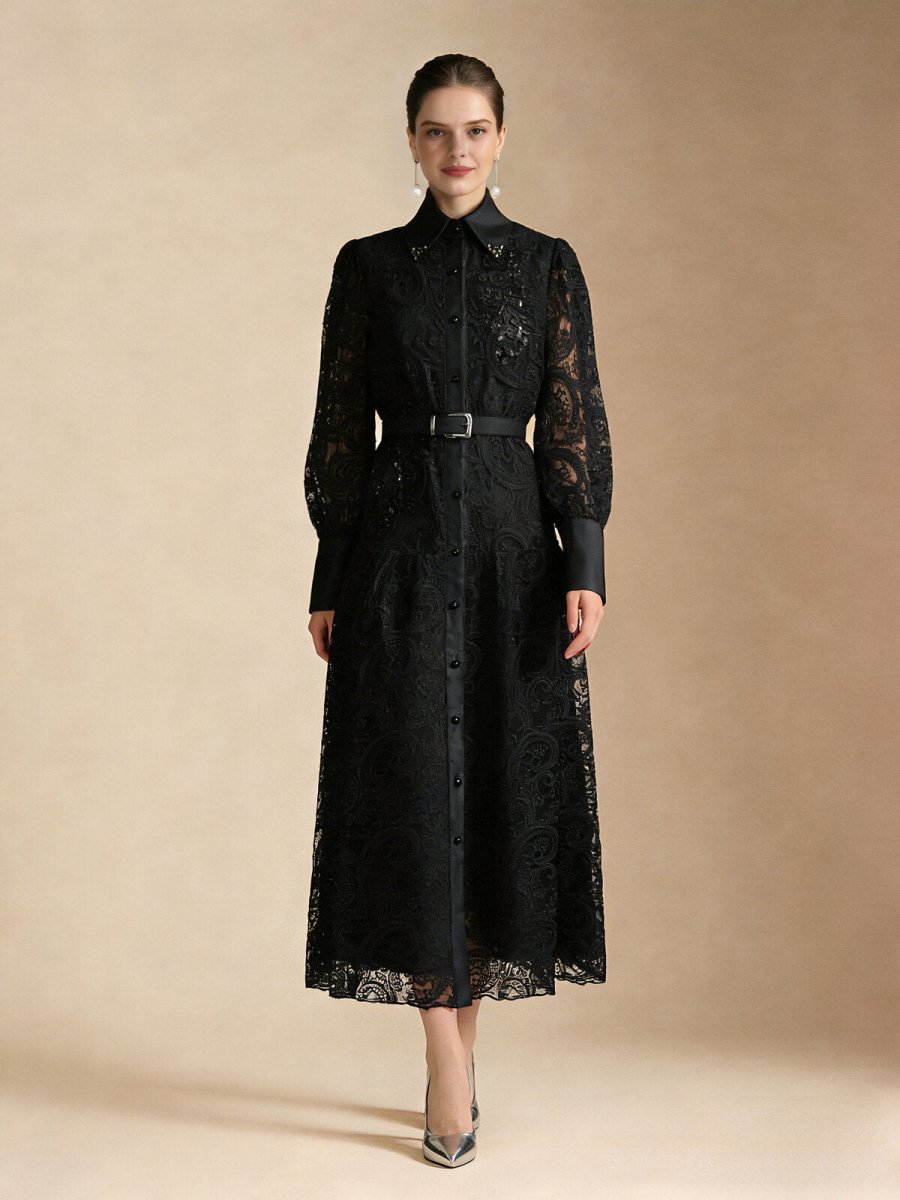Vintage Lace Belted Shirt Maxi Dress