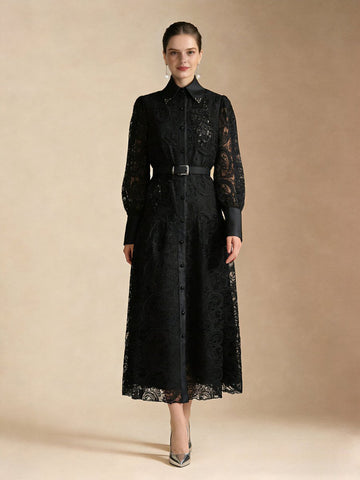 Vintage Lace Belted Shirt Maxi Dress