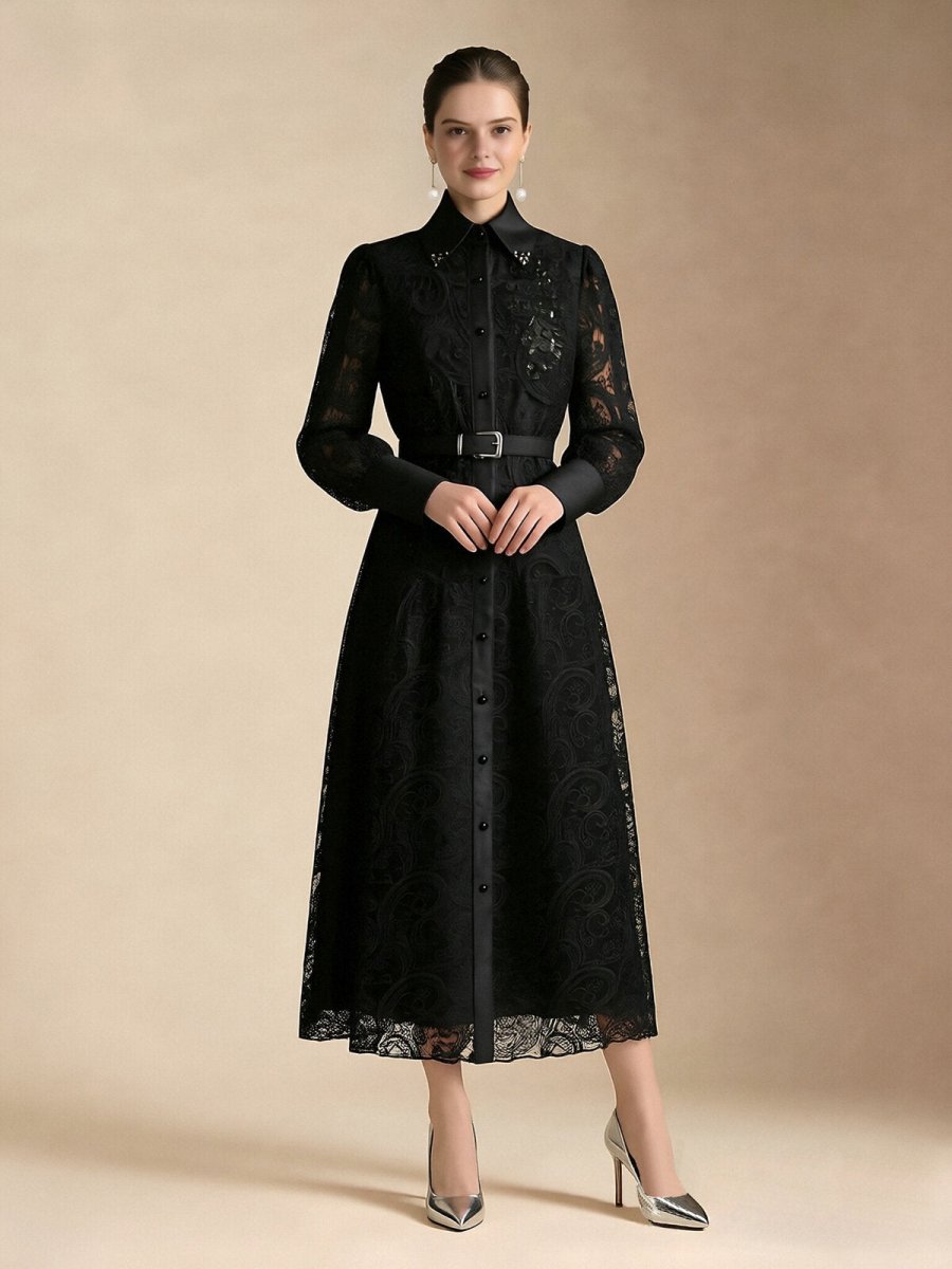 Vintage Lace Belted Shirt Maxi Dress