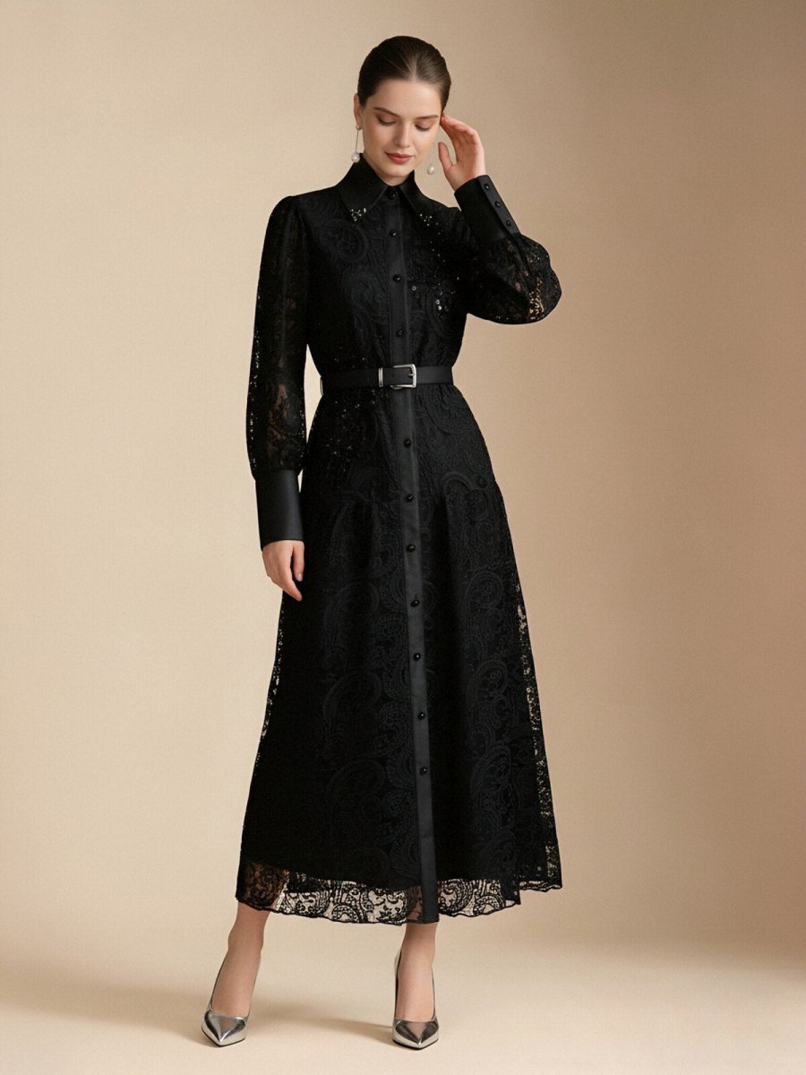 Vintage Lace Belted Shirt Maxi Dress