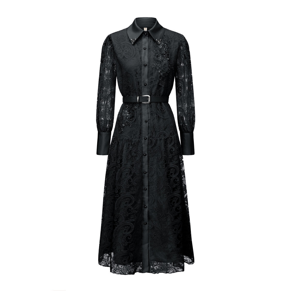 Vintage Lace Belted Shirt Maxi Dress