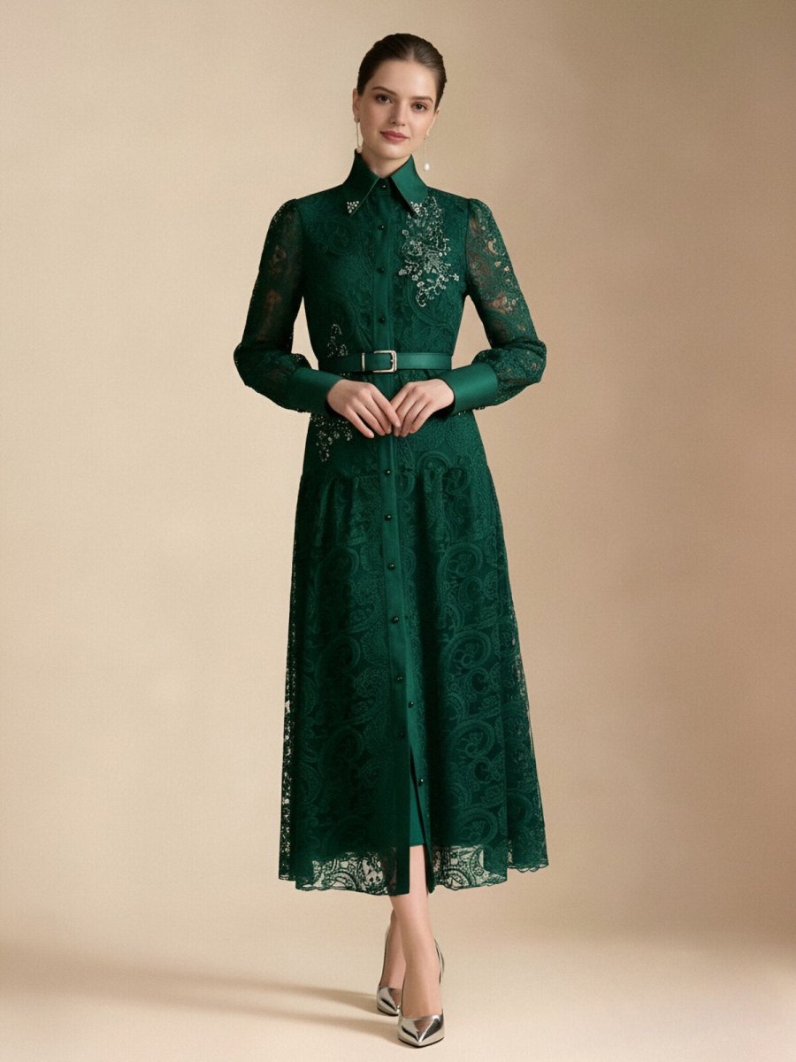 Vintage Lace Belted Shirt Maxi Dress