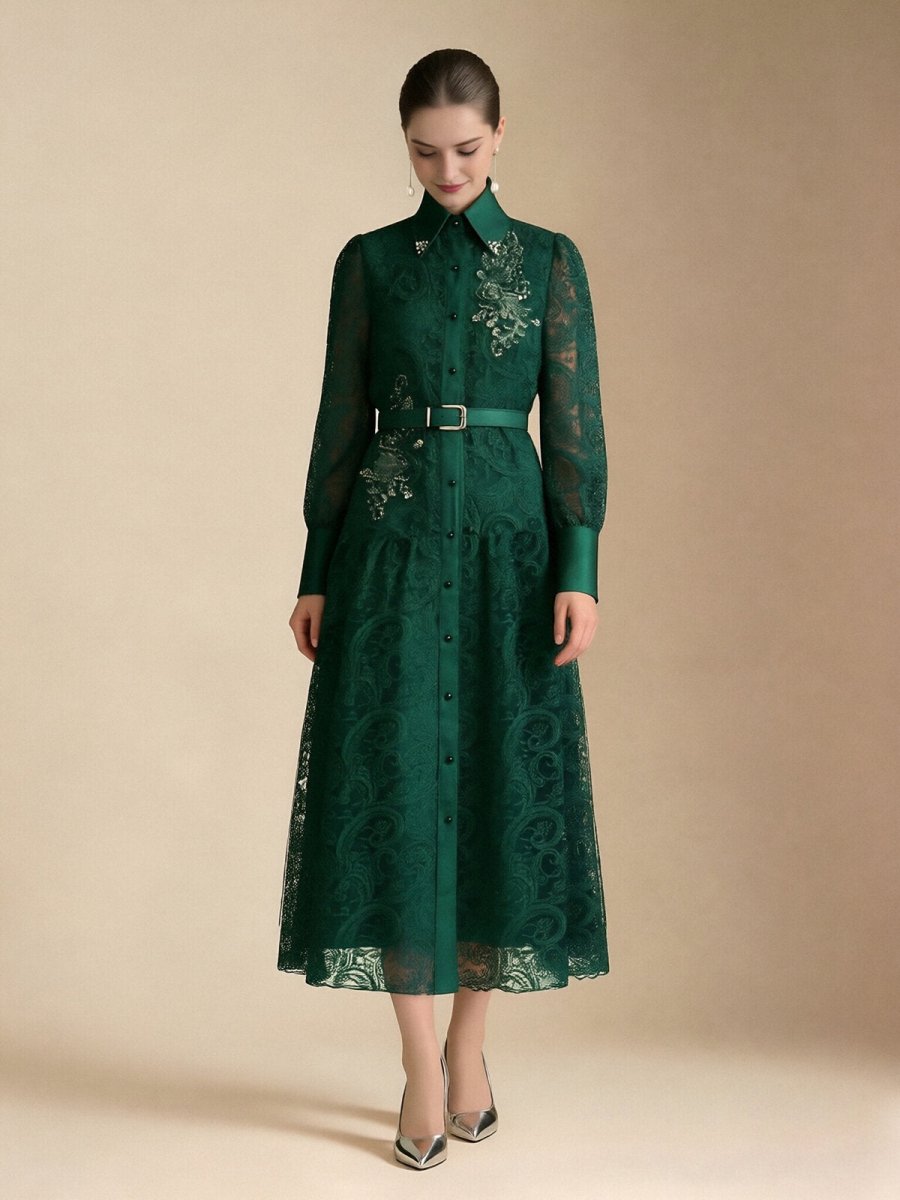 Vintage Lace Belted Shirt Maxi Dress