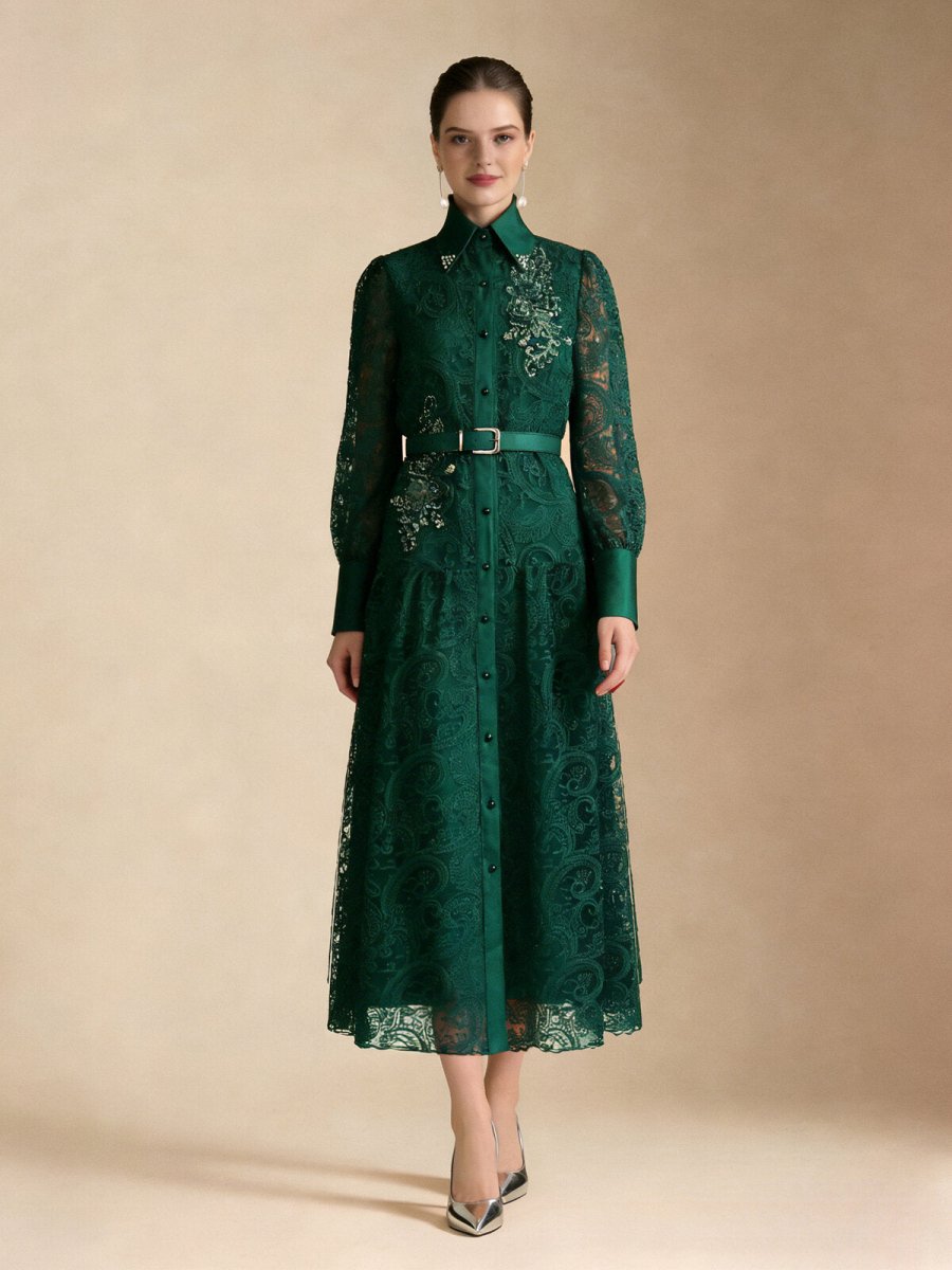 Vintage Lace Belted Shirt Maxi Dress
